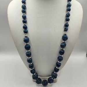 Vintage Blue Swirl Molded Bead Necklace Silver Tone Spacers Chunky Statement